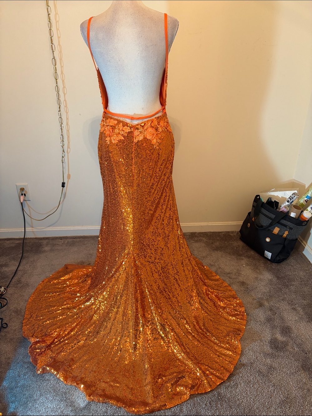 Hebeos orange sequin floral mesh maxi open back prom high slit dress - Picture 6 of 9